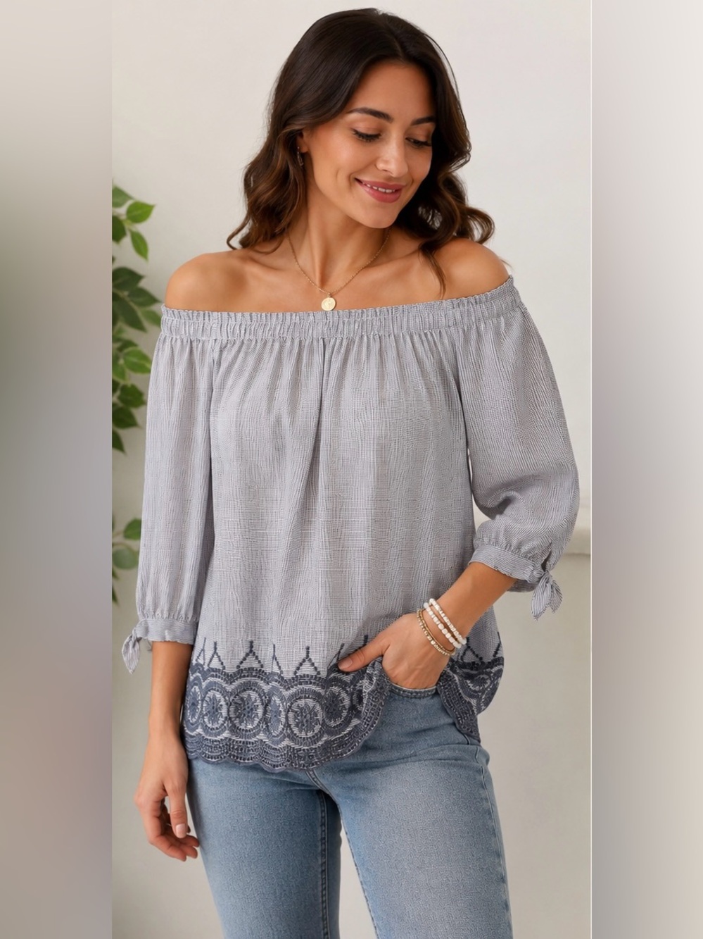 Boho Off Shoulder Embroidered Peasant Top XL Blue Stripe Cottagecore Coastal